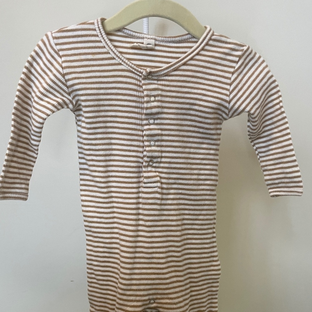 Q by Quincy Mae Mustard/Brown Stripe One-Piece Romper | 3–6M | Organic Cotton